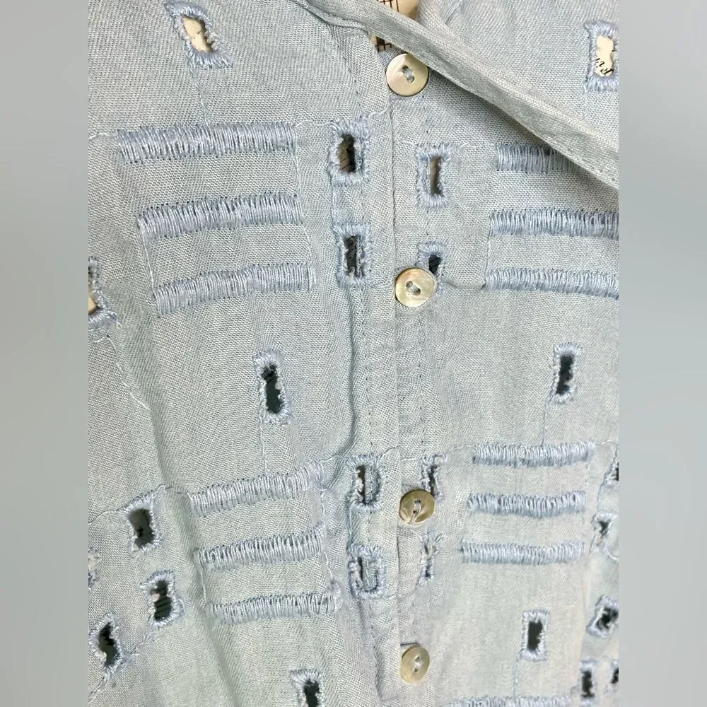 Zara TRF Collection Blue Eyelet Blouse Bell Sleeve Size S